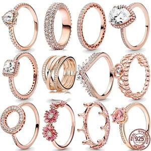 새로운 925 스털링 실버 로즈 골드 반지 뜨거운 판매, 반짝이고 세련되고 매력적인 크리스탈 반지, 여성 생일 보석