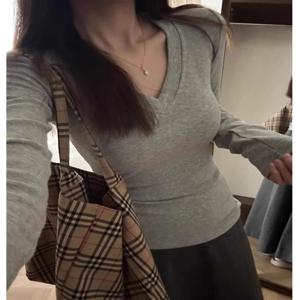 스파이시 걸 긴팔 브이넥 플리스 안감 슬림핏 베이스 셔츠 여성용 가을 겨울 타이트 이너웨어 탑 허리 조임 벨벳 티셔츠