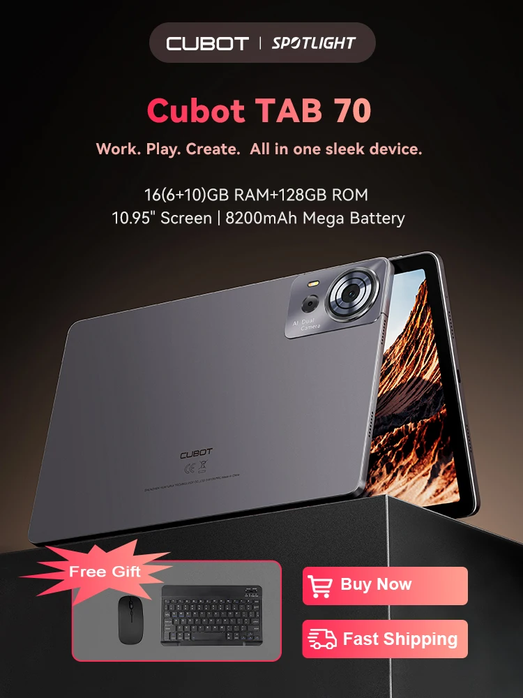 Cubot 태블릿 안드로이드 14, 옥타코어, 16GB RAM(6GB + 10GB), 128GB ROM, 10.95 인치 HD + 화면, 8200mAh, GPS, 탭 70, 2025 신제품 페이스 ID