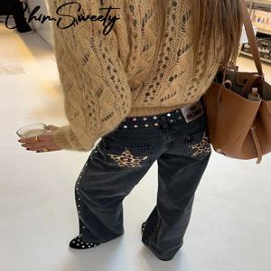 패션 레오파드 스타 프린트 청바지 여성의 높은 허리 지퍼 스트레이트 다리 넓은 다리 바지 2025 봄 새로운 여성 캐주얼 streetwear