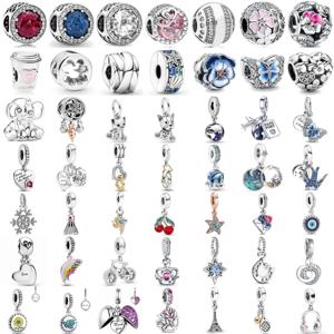 925 실버 블루 꽃 나비, 코끼리, 구슬 눈송이 펜던트 유럽 원래 팔찌에 적합 DIY 절묘한 보석