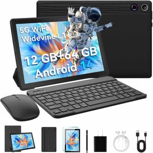 URAO A10L 안드로이드 14 태블릿 10.1인치 12GB 램 64GB 저장용량 옥타코어 5G 와이파이 키보드 마우스 터치펜 헤드셋 케이스 태블릿 키트 포함