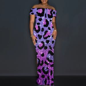 여성을위한 보라색 갤럭시 레오파드 프린트 오프 숄더 드레스 하이 슬릿이있는 섹시 슬림 피트 맥시 드레스