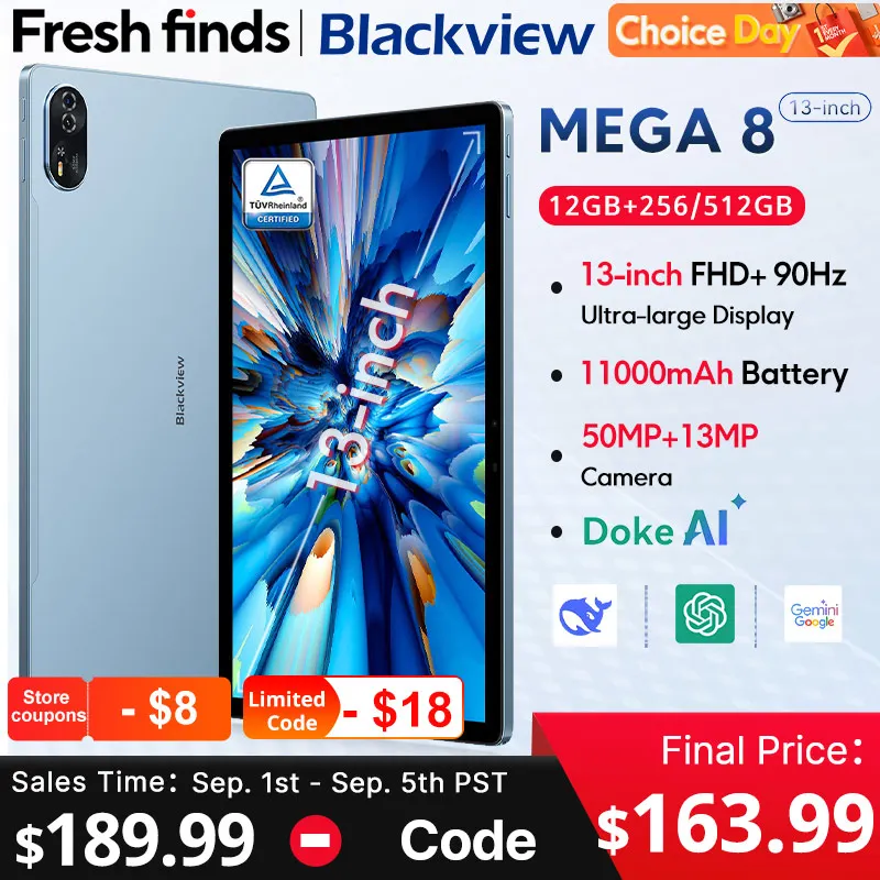 블랙뷰 MEGA 8 태블릿 13인치 FHD+ 디스플레이 11000mAh 256GB/512GB AI 안드로이드 15 50MP 카메라 4개 박스 스피커 4G 패드 PC