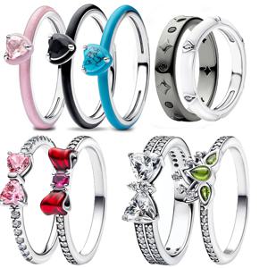 925 스털링 실버 하트 블랙 & 핑크 조개 & 지르코니아 화이트 도자기 & 레드 리본 반지 세련되고 인기있는 보석