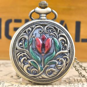 레트로 청동 Steampunk 꽃 조각 플립 탑 남성과 여성 학생 선물 석영 목걸이 기념 회중 시계