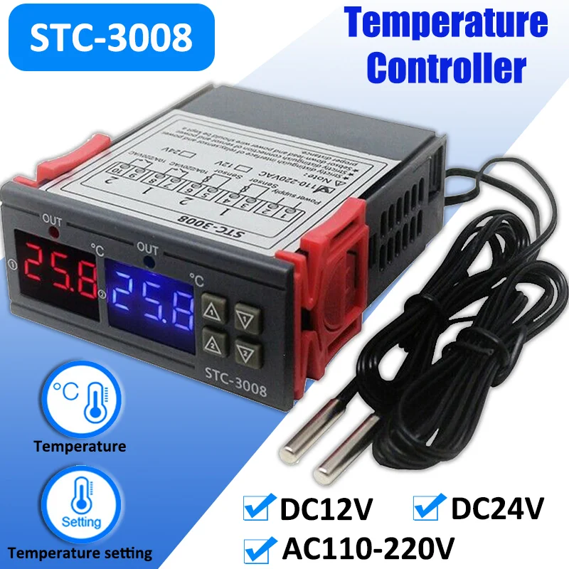 듀얼 디지털 온도 조절기 온도 조절 장치 두 개의 릴레이 출력 인큐베이터 LED 히터 쿨러 12V24V 220V 히터 쿨러 듀얼 프로브