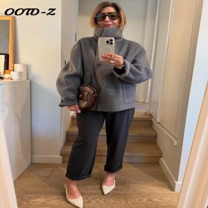 2025년 가을 겨울 여성용 패션 스탠드 칼라 울 혼방 재킷 캐주얼 버튼 앞주머니 오버사이즈 코트