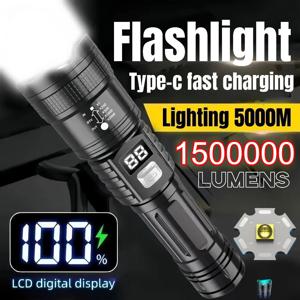1500000LUM LED 손전등 고전력 Type-C 충전식 토치 야외 캠핑 하이킹 램프 비상 랜턴을위한 Zoomable 빛