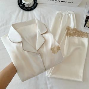 여성용 봄/가을 아이스 실크 잠옷 세트 고급스러운 레이스 트리밍 긴팔 경량 홈웨어 실제 상품 사진