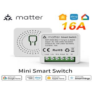 매터 WiFi 스마트 스위치 16A 스마트 홈 조명 스위치 릴레이 모듈 음성 제어 Alexa, Google Homekit, SmartThings, Tuya 연동