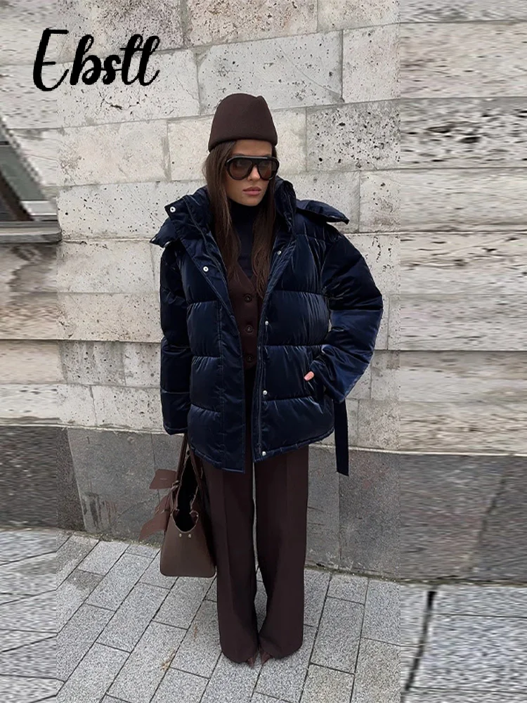 따뜻한 광택 후드 레이스업 코튼 코트 2025 겨울 신상 여성 캐주얼 지퍼 버튼 벨트 오버코트 여성용 솔리드 스트리트웨어
