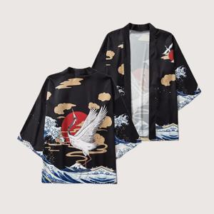 일본 크레인 프린트 기모노 카디건 전통 하라주쿠 유카타 남성과 여성 다운 니트 자켓 Y2K 스트리트 패션 의류