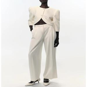 유럽 스타일 신상 여성 패션 다용도 분위기 있는 짧은 퍼프 소매 수트 재킷 플리츠 스트레이트 팬츠