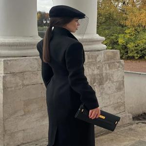 우아한 여성용 울 코트 블랙 싱글 버튼 스탠드 칼라 슬림 여성 롱 코트 2025 가을 겨울 시크 여성 스트리트웨어 신상