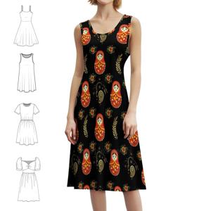 마트료시카 러시아 인형 패턴 한국 스타일 캐주얼 드레스 여성용 심플 데일리 오피스 레이디 드레스 마트료시카 러시아 인형