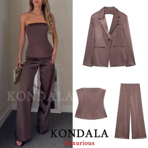 콘달라 빈티지 시크 브라운 새틴 여성 정장 튜브탑 백리스 블레이저 스트레이트 팬츠 패션 2025 가을 오피스룩 파티 정장
