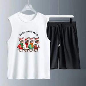 남성용 탱크탑 세트 통기성 여름 폴리에스터 수트 남성용 패션 스웨트셔츠 세트 반팔+반바지 남성 의류