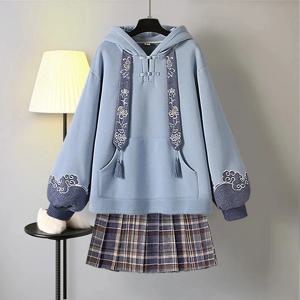 중국 스타일 두꺼운 정장 여성 한푸 후드 맨투맨 격자 스커트 투피스, JK 유니폼, 가을 및 겨울, 신상 짧은 스커트