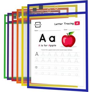 6개입 재사용 가능한 드라이 이레이저 포켓 슬리브, 학교 및 사무실용 다채로운 드라이 이레이저 포켓 슬리브, 시트 프로텍터