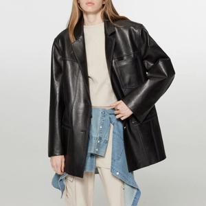 여성용 리얼 가죽 세트 재킷, 1 층 양가죽 재킷, 빈티지 블랙 및 커피, 루즈 포켓 가죽 코트, 2024 가을