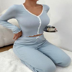 2024 가을 겨울 Homewear 잠옷 여성용 긴 소매 셔츠 바지 2 조각 섹시한 레이스 Pijamas Sleepwear Loungewear 세트