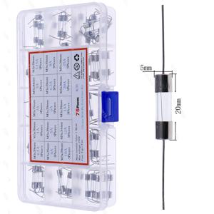 리드 와이어 유리 퓨즈 혼합 키트, 고속 블로우, 15 종류, 5*20mm, 250V, 0.5A, 1A, 2A, 3A, 3.15A, 4A, 5A, 6A, 6.3A, 8A, 10A, 12A, 15A, 20A, 25A, 75 개