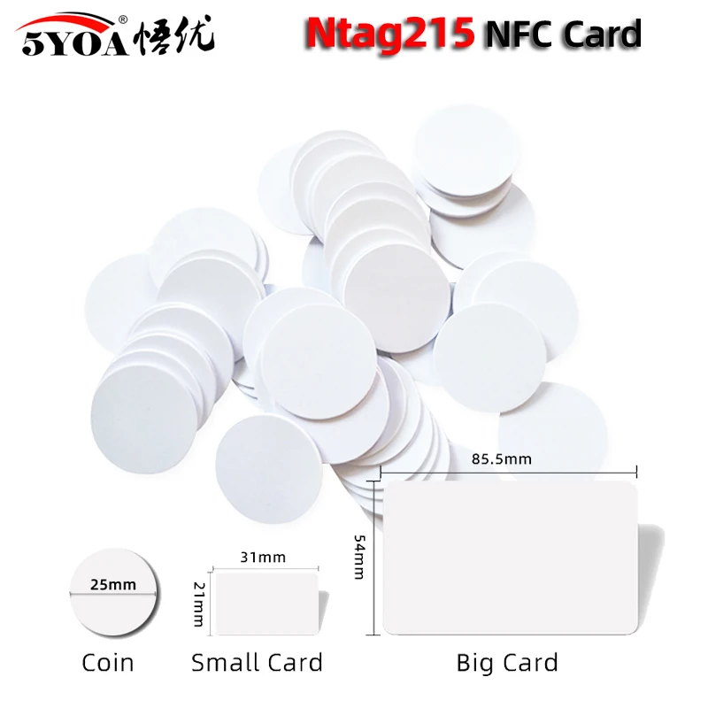 5YOA 10pcs NFC 카드 Ntag215 카드 동전 배지 215 칩 키 13.56MHz 초경량 범용 ISO IEC14443A 25mm 방수 PVC