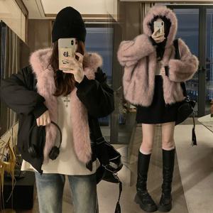 패션 새로운 겨울 자켓 여성 짧은 느슨한 양면 착용 모조 밍크 벨벳 모피 후드 코튼 패딩 자켓 코트 트렌드