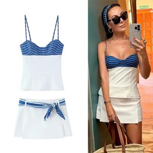 2025 여성 의류 스트라이프 스카프 스커트 반바지 세트 여성용 2피스 신상 여름 숏 슬링 탑 투피스 세트 여성 정장