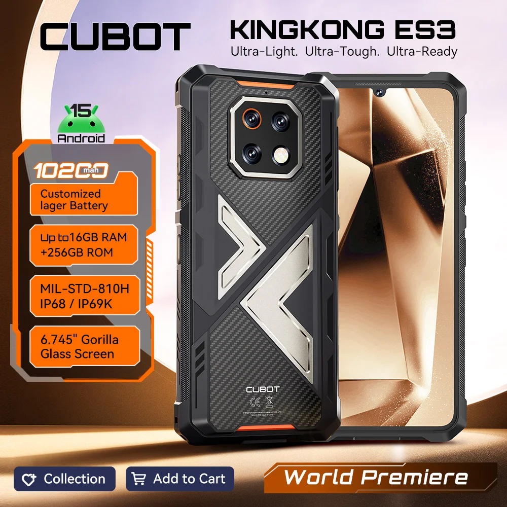 얇고 견고한 안드로이드 15 스마트폰, Cubot KingKong ES 3, 10200mAh 배터리, 16GB RAM(6+10 확장형), 256GB ROM, 6.745인치 120Hz 화면, NFC, 48MP 카메라, IP68/IP69K 및 MIL-STD-810H 인증, 안드로이드 스마트폰, 4G Smartphone android