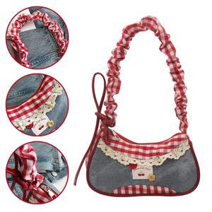 올 매치 스위트 프렌치 스틱 핸드백 데님 블루 보우 체크 무늬 숄더 백 대용량 레이스 리본 천 겨드랑이 가방 데일리