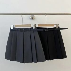 하이웨이스트 플리츠 미니스커트 벨티드 칼리지 스타일 우아하고 시대를 초월한 다용도 하프 길이 스커트 코튼 시티워크 실크 광택