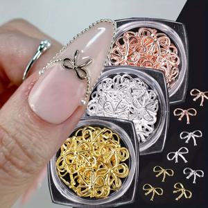 3 병 금속 버드나무 활 네일 장식 골드 실버 3D Bowknot 디자인 DIY 매력 우아한 금속 보석 매니큐어 액세서리