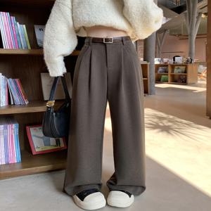 하이웨이스트 플리스 안감 두꺼운 울 수트 팬츠 여성용 가을 겨울 2026 신상 바닥 길이 드레이핑 와이드 레그 팬츠