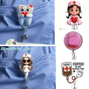 [2D 플랫] 1개 귀여운 간호사 테마의 신분증 클립이 있는 접이식 배지 홀더 - 의사, 간호사, 보조 간호사용 아크릴 의료진 이름표 릴