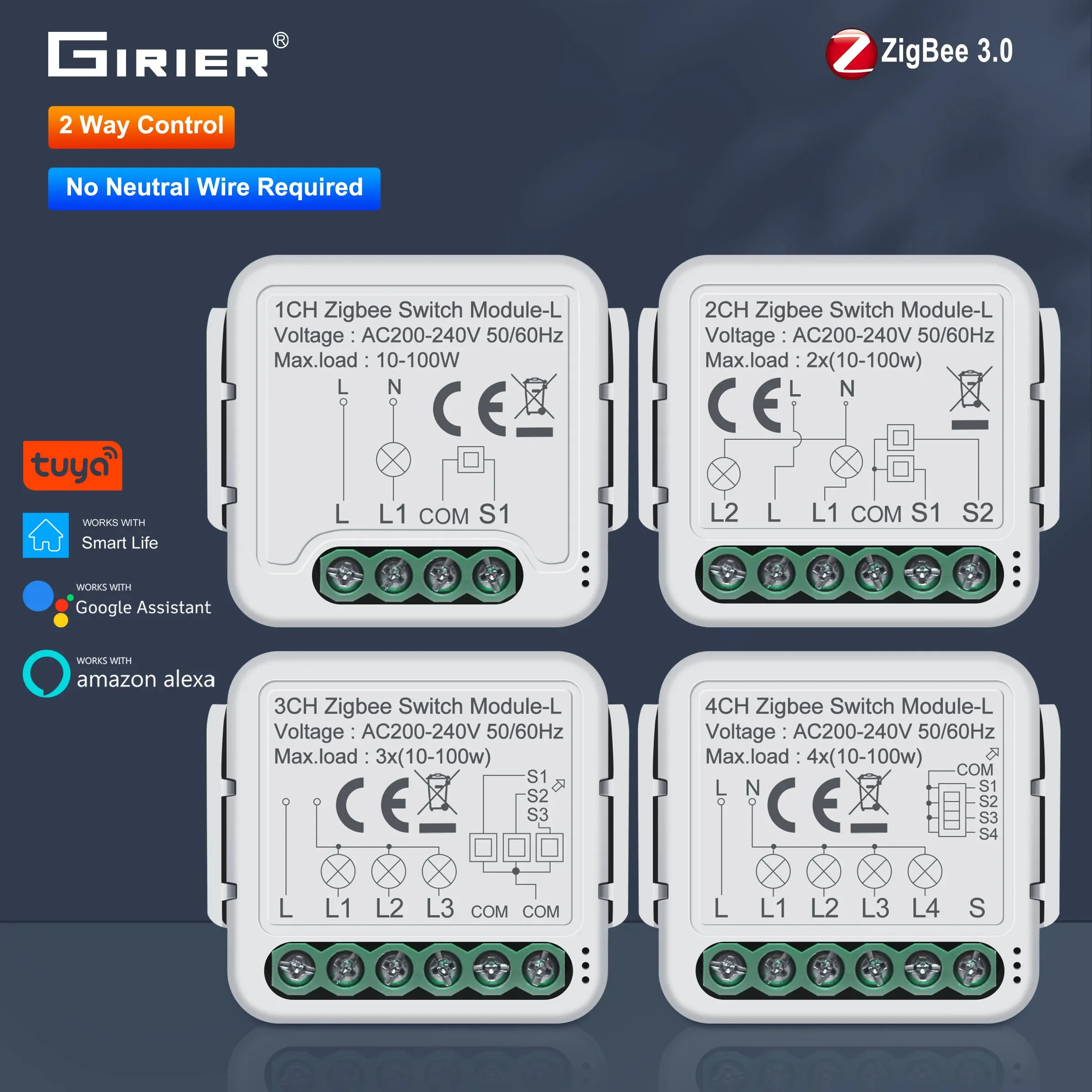 GIRIER Tuya ZigBee 스마트 스위치 모듈 중성선 필요 없음 1/2/3/4CH DIY 스마트 브레이커 릴레이 양방향 제어 지원 Alexa