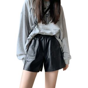 하이웨이스트 PU 가죽 반바지 여성 캐주얼 와이드 레그 팬츠 가을 겨울 플러스 사이즈 부츠컷 바지 아우터웨어