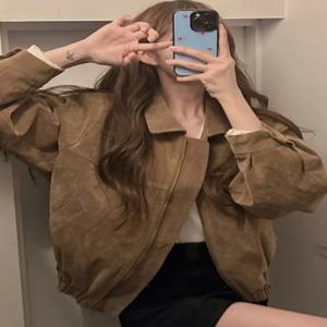 시크 빈티지 스웨이드 긴팔 재킷 여성용 루즈 칼라 짧은 아우터 한국 스타일 홍콩풍 가을 상의