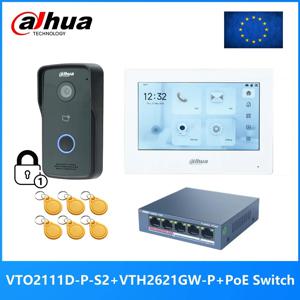 Dahua 다국어 IP 비디오 인터콤 키트, VTO2111D-P-S2 및 VTH2621GW-P 및 PoE 스위치, 지지대 SIP,RFID 카드 잠금 해제