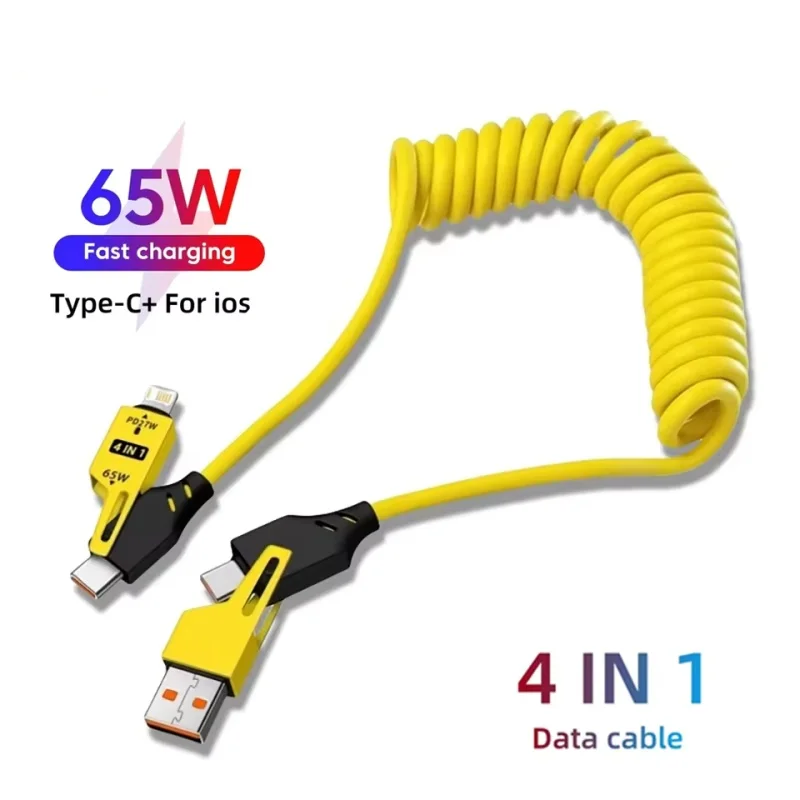 65W 4 in 1 스프링 숏 데이터 케이블 6A USB 타입 C 스프링 텔레스코픽 퀵 차저 와이어 스프링 USB 케이블 아이폰 아이패드 맥북용