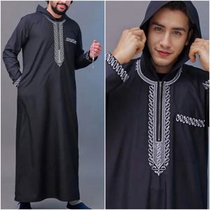 남성용 에스닉 패턴 자수 지퍼 후드 로브 전통 긴 소매 포켓 Jubba Thobe for Daily Wear Man 이슬람 Thobe
