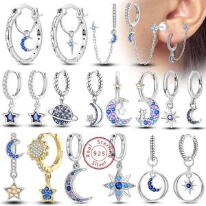 여성을위한 새로운 925 스털링 실버 후프 귀걸이 스타 문 스터드 드롭 귀걸이 파티 결혼식 액세서리 패션 쥬얼리 선물