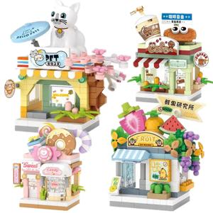 레스토랑 디저트 커피 애완동물 과일 가게 스트리트 뷰 음식 집 빌딩 블록 키트 소녀 브릭 모델 어린이 장난감 남자아이 선물