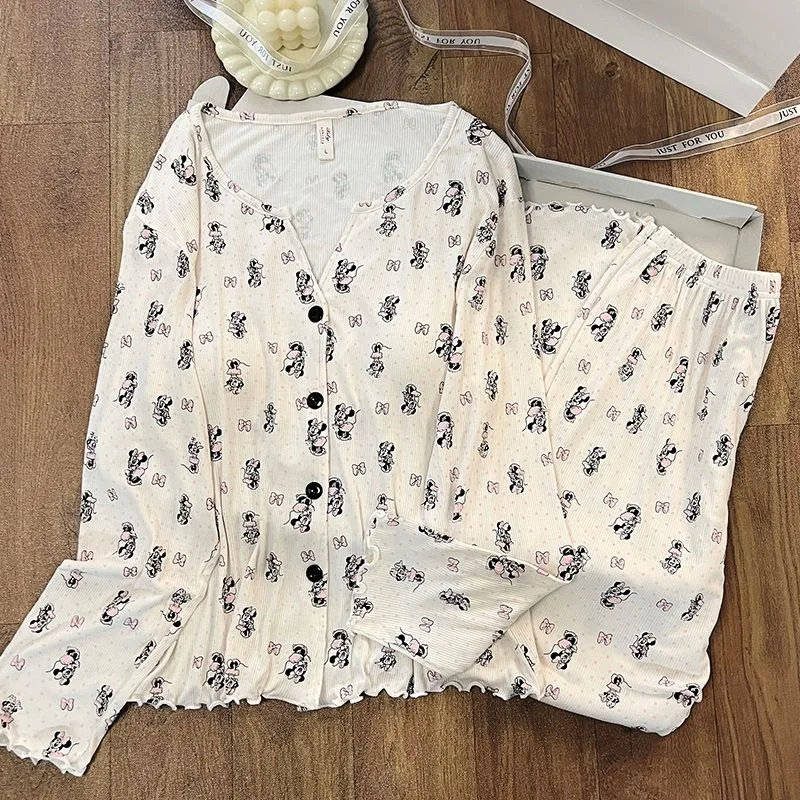 만화 미니 마우스 리본 도트 프린트 투피스 세트 파자마 브이넥 패션 한국 캐주얼 홈웨어 세트 가을 신상 잠옷