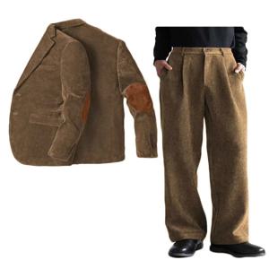 남성 코듀로이 투피스 턱시도 블레이저 재킷 및 팬츠 세트 (팔꿈치 패치, 투버튼, 캐주얼 웨딩, 프롬 파티 블라우스)