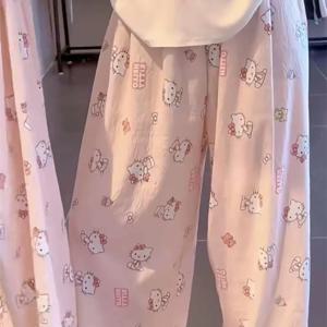 산리오 헬로키티 파자마 팬츠 Y2K 와이드 카와이 KT 고양이 레그 팬츠 여름 얇은 하이웨이스트 캐주얼 바지 소녀 크리스마스 선물