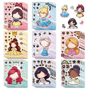 8/16 시트 얼굴 만들기 디즈니 애니메이션 공주 퍼즐 스티커 귀여운 엘사 라푼젤 만화 조립 퍼즐 DIY 데칼 어린이 장난감 선물