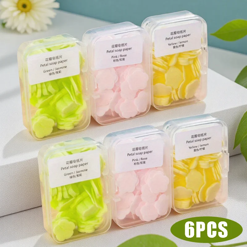 6개입 작은 꽃잎 모양 비누 타블렛 여행용 일회용 비누 타블렛, 상자 포장 비누 종이, 장미 고추 레몬 비누
