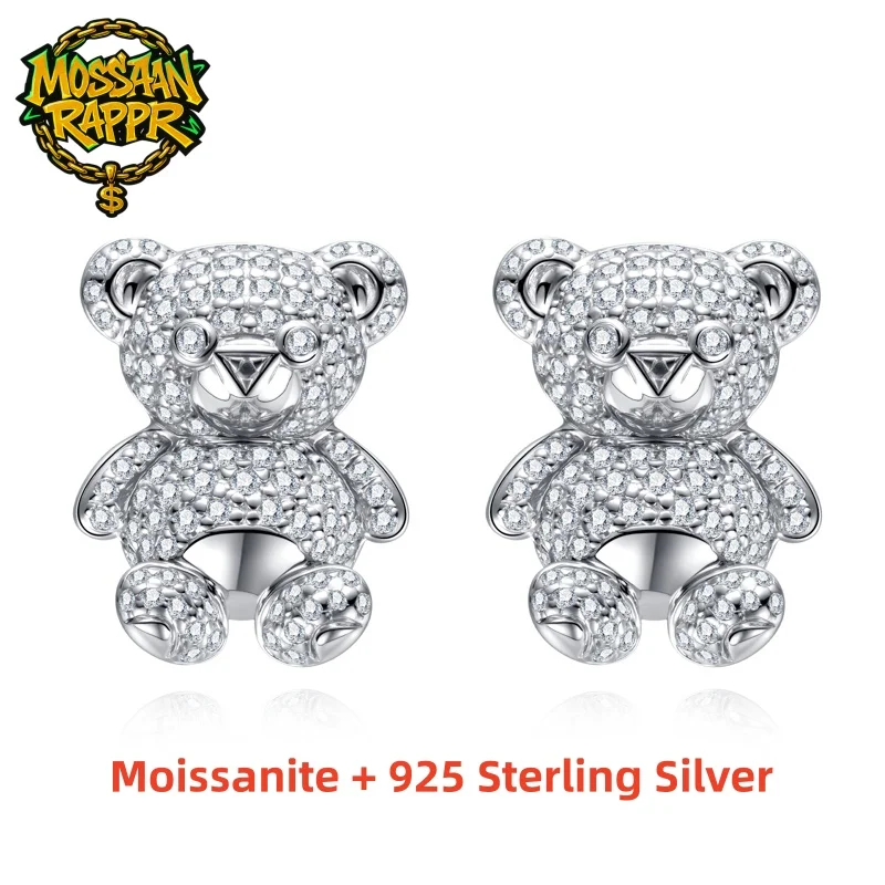 모산래퍼 925 스털링 실버 D 컬러 모이사나이트 아이스드 아웃 베어 스터드 귀걸이 힙합 주얼리 여성 남성 파티 선물 액세서리